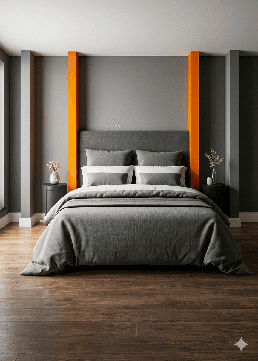 Grey Bedroom with Orange Accents