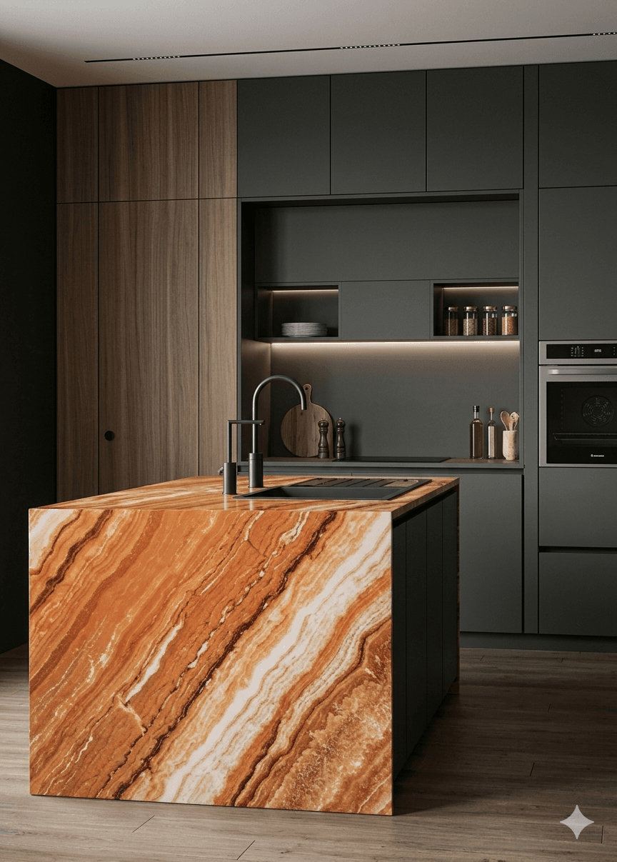 Dark Kitchen with Marble Island
